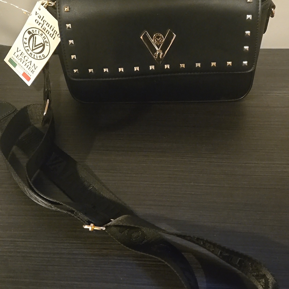Valentino Orlandi Black Studded Flap Shoulder Bag Gold Hardware NWT Italian Desi - Picture 7 of 9